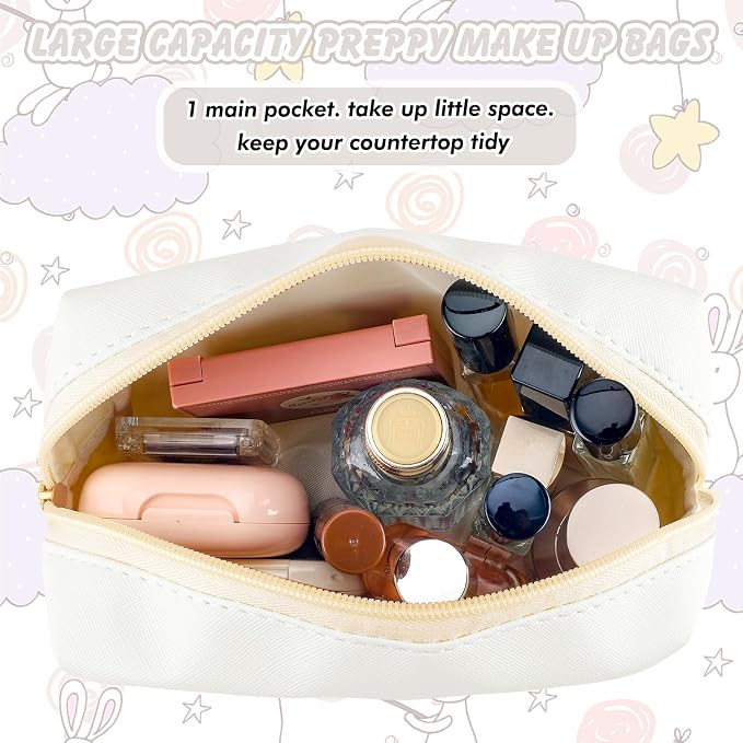 URSKYTOUS Initial Makeup Bag Personalized Preppy Travel Small Cosmetic Bag Cute PU White Chenille Letter Makeup Pouch for Purse Waterproof Zippered Toiletry Organizer for Women Girls Kids Friends (O)