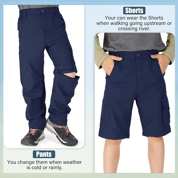 linlon Kids' Cargo Pants, Boy's Casual Outdoor Quick Dry Waterproof Hiking Climbing Convertible Trousers #9016
