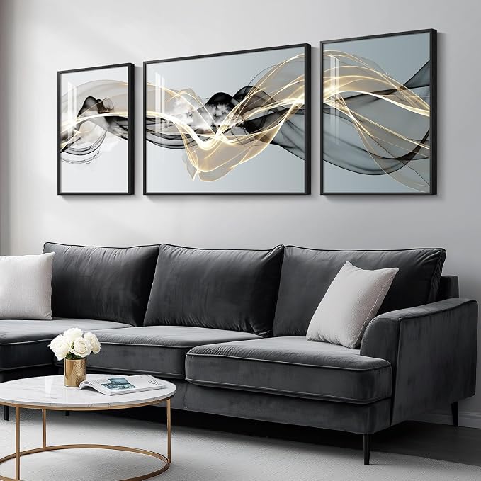 Large Framed Modern Luxury Abstract Wall Art for Living Room, 3 Piece Minimalist Prints Paintings Artwork for Walls, Black White Gold Abstract Line Pictures for Hallway Dining Bedroom Office Wall Decor