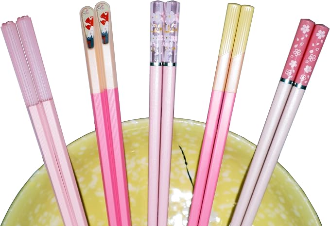 5 Pairs Pink Fiberglass Chopsticks Japanese Korean Chopstick Reusable Non-Slip Dishwasher Safe, 9.6 Inches Long, 5 Patterns