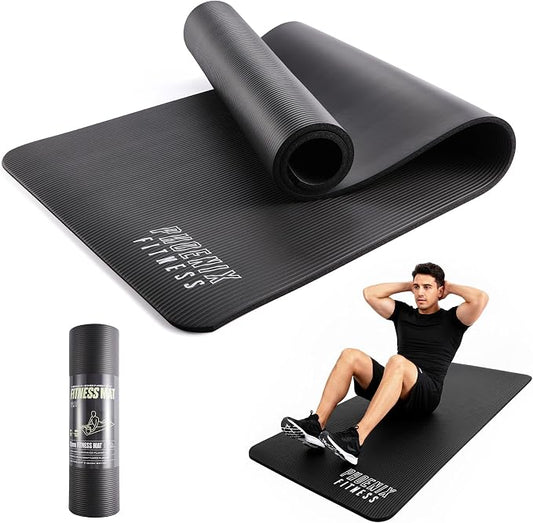 Phoenix Fitness NBR Yoga Mat - 15mm Extra Thick Exercise Mat with Carry Strap - Non Slip Yoga Mat for HIIT, Exercise & Pilates for Men and Women - Black or Pink