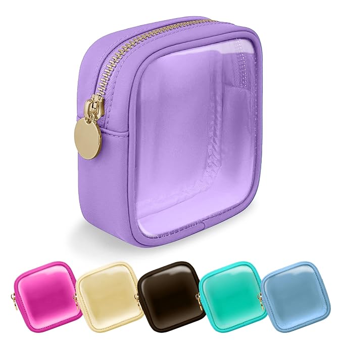 UIXIZQ Clear Mini Makeup Bag for Purse, Small Nylon&PVC Cosmetic Travel Bag TSA Approved Toiletry Bag with Zipper, Preppy Transparent Makeup Travel Bag Coin Purse for Women Men Girls(Mini-Purple)