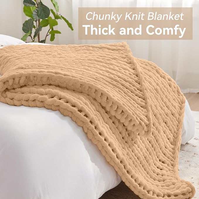 Negwoo Chunky Knit Throw Blanket, Knitted Throw Chenille Yarn, 80"*90" | Soft Thick Cable Knitted Blankets, Handmade Big Thick Blanket, Machine Washable Cute Comfy Blanket for Home Decor, Beige