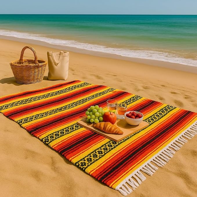 Open Road Goods Heavyweight Mexican Falsa Yoga Blanket, Extra Thick with Stripes - Great Beach, Picnic, or Throw - Handmade Sunfire Red, Orange, and Black Colors