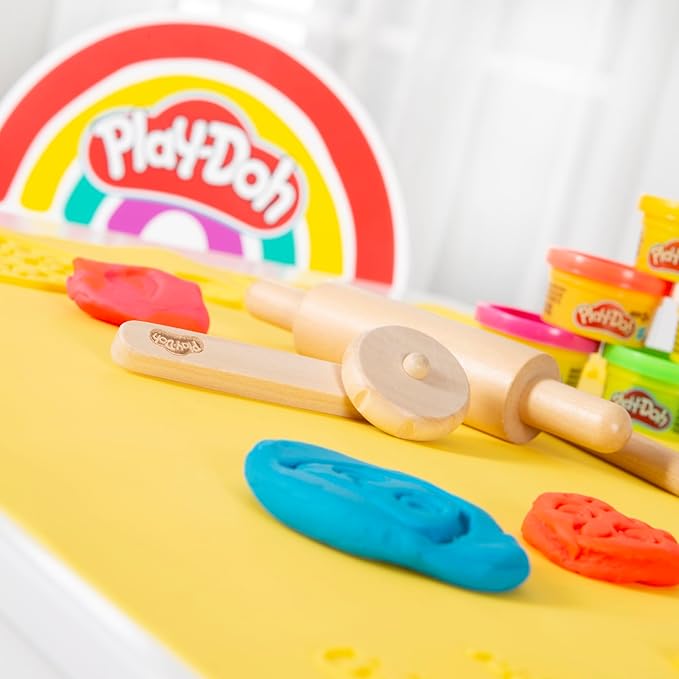robaPlay-Doh Wooden School Desk & Chair Set with Playset | Creative Workspace for Kids with Storage, Tools, Mat | Fun Art & Craft Station for Boys & Girls 3+