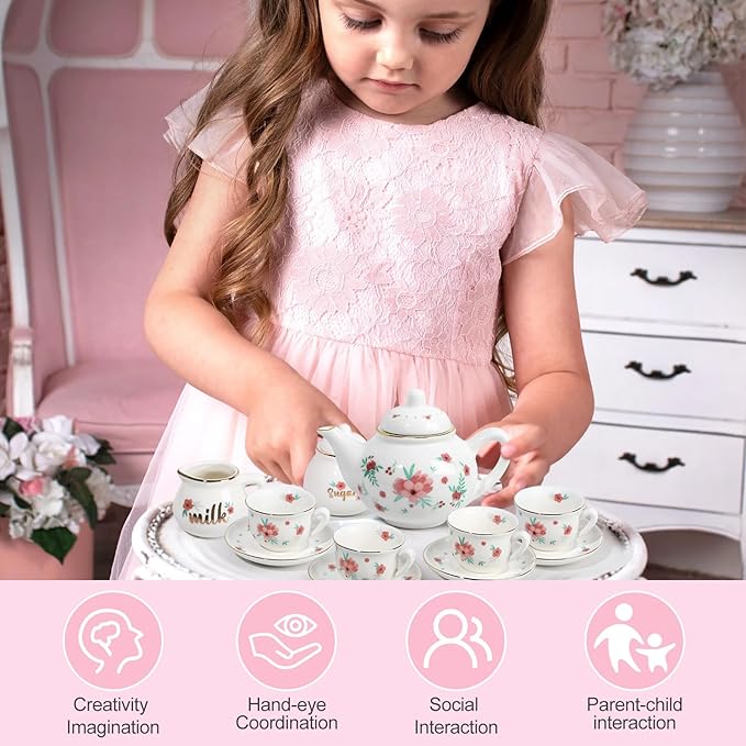 Porcelain Tea Set for Girls, Tea Party Set for Little Girls, Kids Tea Set Kitchen Pretend Play, Princess Tea Time Playset with Ceramic Teapot Cups Carry Case, Toddler Girl Toys Birthday Gifts Age 3+
