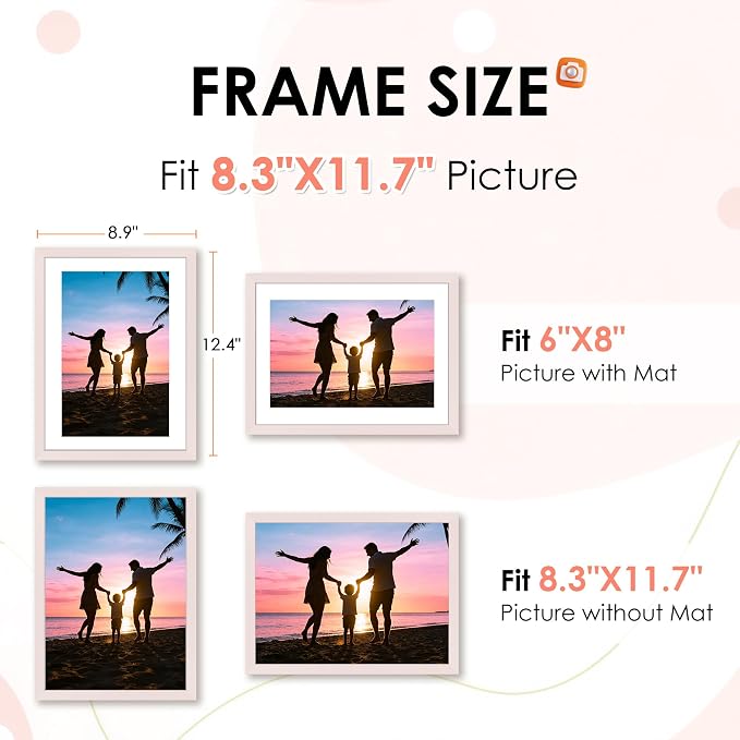 FIXSMITH A4 Picture Frame Set of 2, Pink Photo Frame with HD Plexiglass, Display Pictures 6x8 with Mat or 8.3x11.7 Without Mat Multi Picture Frames Collage for Tabletop or Wall Display