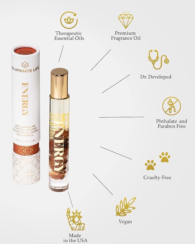 Essential Oil Rollerballs, .34 OZ, Energy - Red Carnelian Crystal Infused - Scents of Lemon, Grapefruit, & Bergamot - Aromatherapy Roll On Oils, Skin Care, Massage
