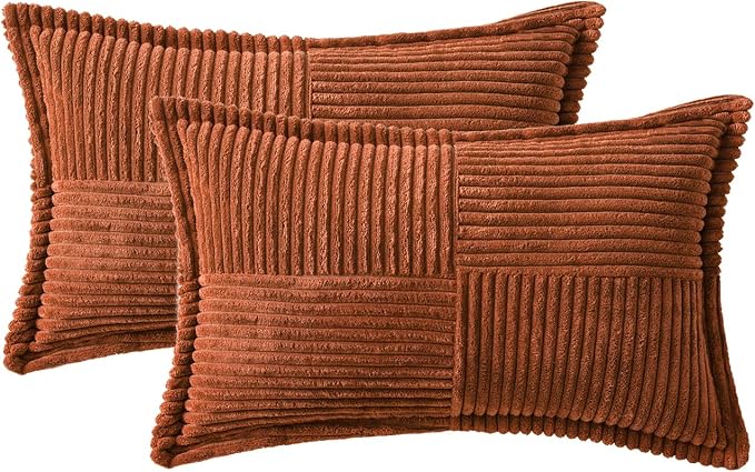 MIULEE Fall Rust Decorative Lumbar Throw Pillow Covers 12x20 Inch | 2 Pack, Terracotta Boho Broadside Striped Patchwork Pillow Covers, Soft Corduroy Cushion Cases, For Couch Sofa Bed Livingroom