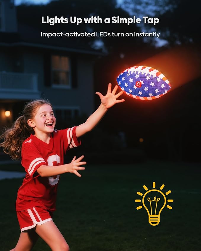 QPAU 10.5" Glow in The Dark Football (Size 6, 2 Packs), Light Up Youth Football with Pump & Batteries, Outdoor Toys & Games for Boys Girls, Birthday Gifts for Kids and Teens