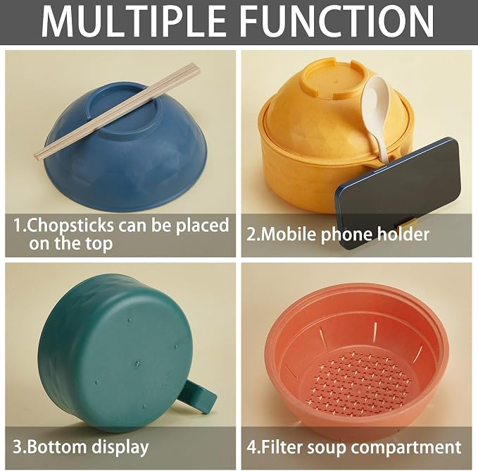 6 Sets Microwave Ramen Bowl Bulk 40 oz Wheat Straw Instant Ramen Cooker Set Portable Noodle Cooker with Handle Spoon Chopsticks Fork for College Dorm Room Gift (Elegant Colors)