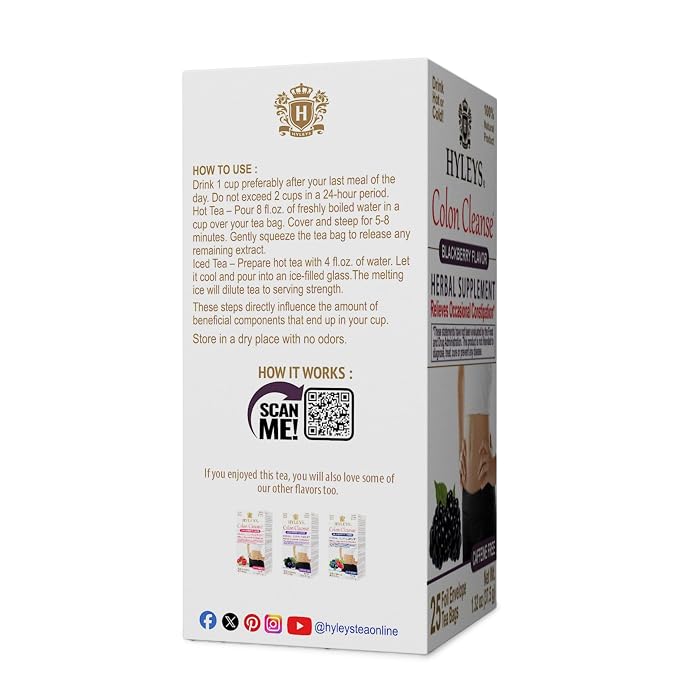 HYLEYS Colon Cleanse Tea, Blackberry Flavor - 150 Individually Wrapped Herbal Tea Bags (6 Pack of 25) - Caffeine Free, Gluten Free