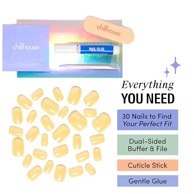 Chillhouse - Chill Tips, Press on Nails Kit - Yellow Chill Road (Square - Short) - 30 Nail Shapes & Sizes - Up to 2 Weeks of Wear - Customizable - Reusable - Women Owned - Beauty & Self Care