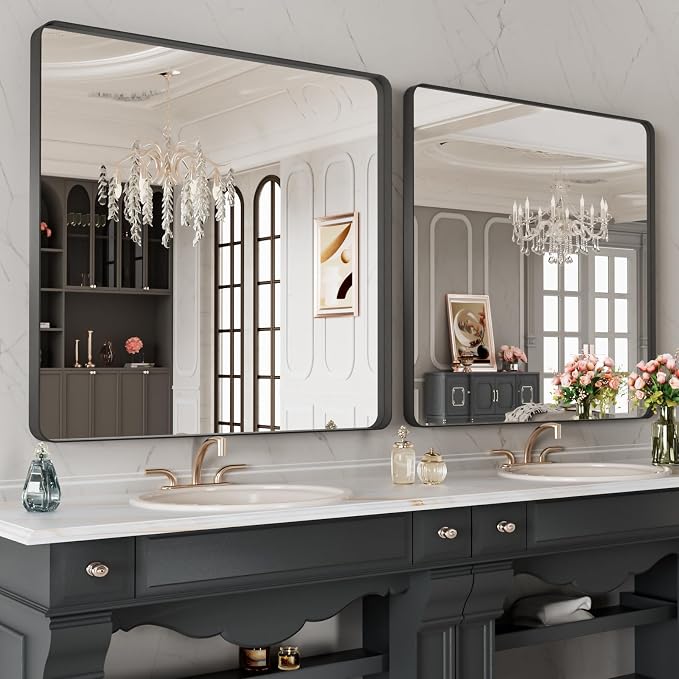 LOAAO 28X32 Inch Black Metal Framed Bathroom Mirror for Wall | Matte Black, Anti-Rust, Hangs Horizontally or Vertically