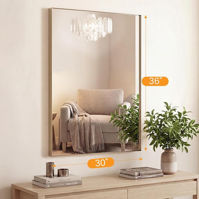 Sweetcrispy Bathroom Mirrors for Over Sink, 30" x 36" Rectangle Wall Mount Mirror with Metal Frame, Modern Vanity Mirror with Tempered Glass, for Home Decor, Anti-Rust, Gold