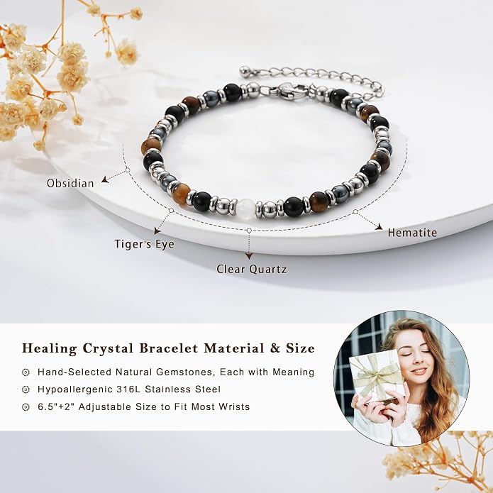 Zocomi Natural Healing Crystal Bracelet for Women, Anxiety Relief Triple Protection 7 Chakras Jewelry Gift for Friends Daughter Mom 6.5+2 Inches
