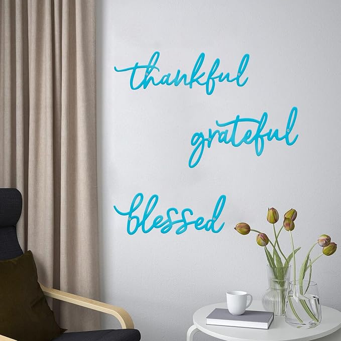 Thankful Grateful Blessed Letter Sign Metal Wall Decor, 3 Piece Black Letters Wall Art for Bathroom Bedroom Metal Words Wall Decor for Home Decor (Blue)