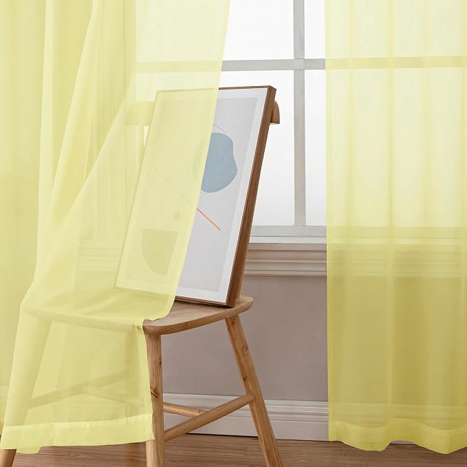 OWENIE Sheer Curtains 96 inches Long 2 Panels Set for Living Room/Bedroom, Rod Pocket Voile Sheer Panel Drapes, Airy Soft Fabric Window Treatments, 2pcs, Each 42" W x 96" L, Light Yellow