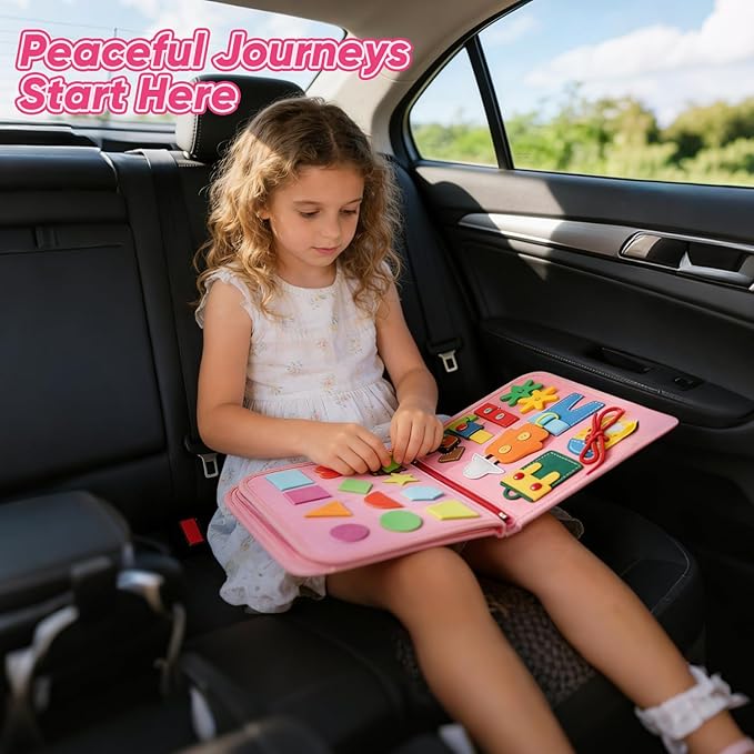 Busy Board Montessori Toys, Educational Activity Book Board Sensory Travel Toys for Toddler, 8 in 1 Preschool Learning Activities, Toddler Girl Airplane Car Travel Toy.