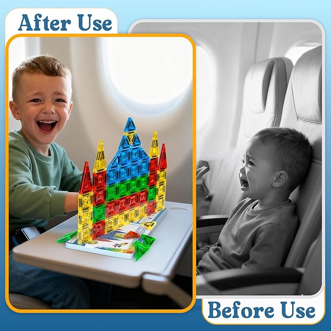 60pcs Mini Magnetic Tiles for Kids Ages 3-8,Travel Magnetic Building Blocks with Metal Storage Box, STEM Educational Toys, Montessori Sensory Learning Toys for Toddlers, Boys & Girls Gift