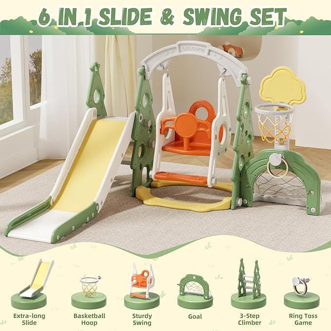 XJD 6-in-1 Toddler Slide and Swing Set, Kids Slide for Toddlers Age 1+, Toddler Outdoor Playset with Basketball Hoop, Football Frame, Swing, Christmas Birthday Gifts for Kids (Green)