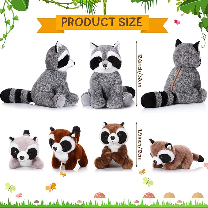 5 Pcs Raccoon Stuffed Animal Set Adorable Mommy Raccoon Plush with 4 Cute Babies in Tummy Soft Cuddly Plushie for Birthday Woodland Party Decor(Cute Style)