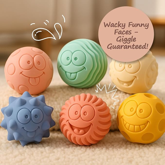 Sensory Balls for Baby, 6PCS Soft Textured Balls for 6-12M | Smiling Faces, Colorful Infant Ball Toys, Tummy Time, Learning & Travel, Montessori Gift for Baby Boys & Girls