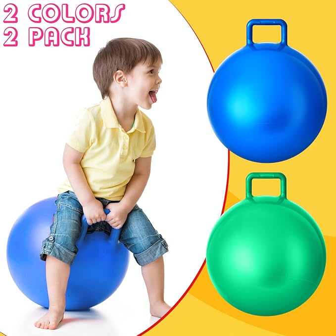 Lewtemi 2 Pcs 22 Inch Big Bouncing Ball with Handle Jumping Hopper Bouncy Ball for Adults Exercise and Air Pump for Outdoor Sports Game (Blue, Green)