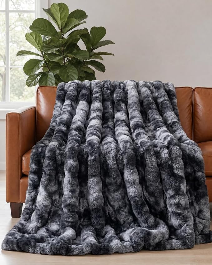 3D Fleece Bubble Blanket Throw - Rabbit Blanket - 50" x 60", Marble Black | Soft Fluffy Faux Fur Blanket for Couch Sofa & Chair, Cozy Gifts for Women, Tie Dye Cloud Throw Bed Cover, Thick Plush Bedding
