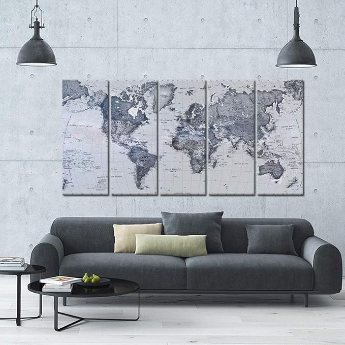 iKNOW FOTO 5 Pieces Vintage World Map Canvas Prints Push Pin Wall Art Decor Trace Travel Marks The Map of The World Antique Framed Picture for Living Room Office 16x40inx5