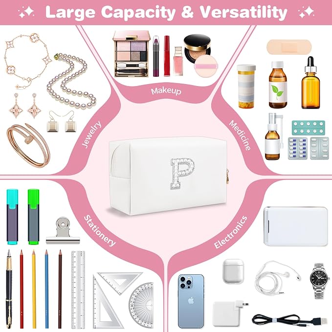 Bride Gifts – Personalized Initial Makeup Bag with Pearl Rhinestone Patch, Preppy White Monogram Cosmetic/Toiletry Pouch, bridesmaid Gifts, Bridal Shower Gifts, Wedding Gifts, Bridal Gifts,P