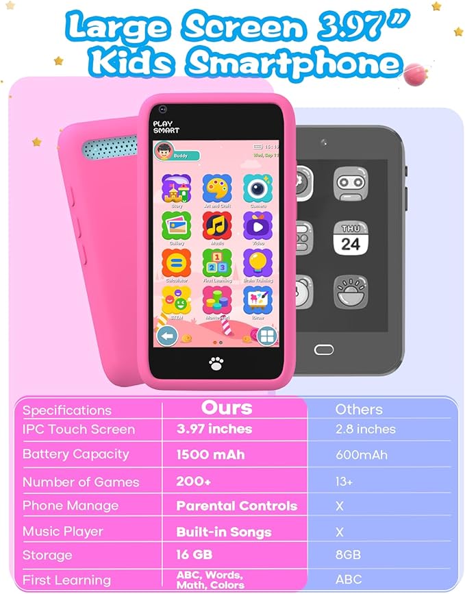 MOMILLA Kids Toys Smart Phone, Girls Toys with 3.97" Touchscreen Phone, Birthday Gift for Kids Age 3-12, Toddler Toys Learning Smartphone, 16 GB Storage Cell Phone with Front Camera (No Dual Camera)
