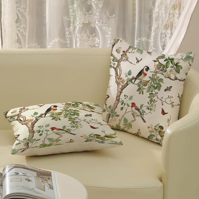 Chinoiserie Pillow Covers 18x18 Inch Set of 2 Green Floral Bird Throw Pillows Vintage Flower Decorations Pillow Cases Outdoor Chinoiserie Decor Farmhouse Linen Cushion Cover for Couch Home
