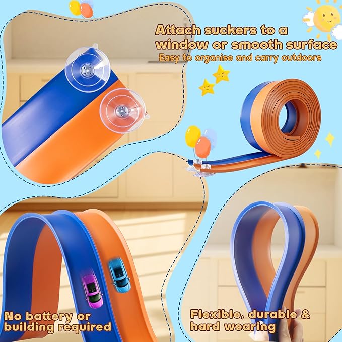 Flex Tracks 15 Ft for Kids Starter Set, Flexible Race Car Ramp Track with Suction Cups Compatible with Hot Wheels and Diecast 1/64th Cars for Ages 3 & Up(Blue & Orange)