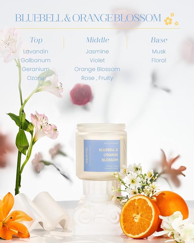 M&SENSE Bluebell Orange Blossom Scented Candle | 11.6oz Natural Soy Wax | 70-Hour Burn Time, Non-Toxic 2-Wick Candle for Home Refresh, Spring Decor & Self-Care Gifts