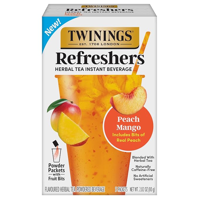 Twinings Peach Mango Refreshers, Herbal Tea Instant Beverage with Real Peach Fruit Bits, 5 Count (Pack of 1), Café Style, No Artificial Sweeteners, Naturally Caffeine-Free Refreshment, 5 Packets