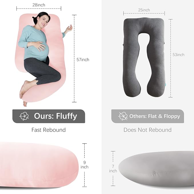 MOON PARK Pregnancy Pillows for Sleeping - U Shaped Full Body Maternity Pillow with Removable Cover - Support for Back, Legs, Belly, Hips - 57 Inch - Pink - Cooling Cover