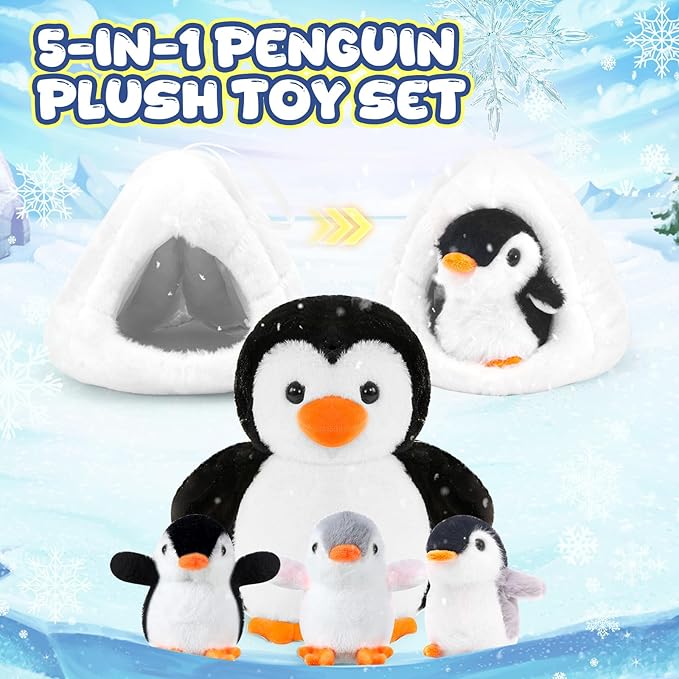 Penguin Stuffed Animal Set, Cute Mom and Baby Plush Penguins Dolls with Igloo, Plush Toys Set Ideal Gift for Kids Birthday