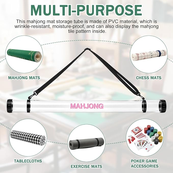 Gemscream 2 Pcs 37 Inch Mahjong Mat Storage Tube Plastic Waterproof Mahjong Mat Holder with Strap and Printed Outdoor Travel Storage Tube for Board Games Yoga Mats Tripod, Mats Not Include (Clear)