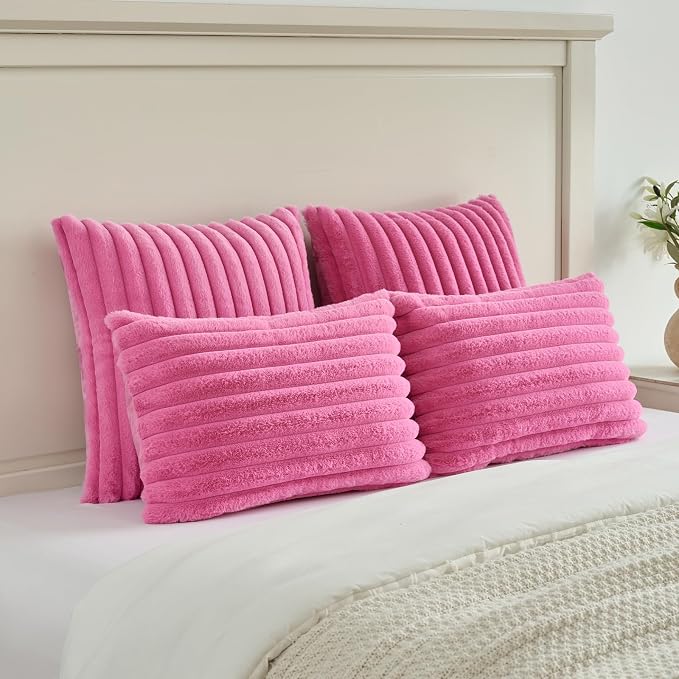 FUTEI Pack of 2 Faux Fur Throw Pillow Covers 22x22 Inch, Hot Pink | Fluffy Faux Rabbit Fur Front/Premium Velvet Back,Hidden Zipper,Machine Washable,Non-Shedding,Colorfast,Insert Not Included.