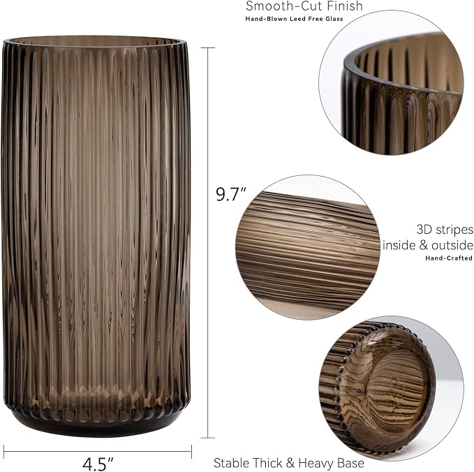 Flower Vase 10 inch Amber Thickened Hand Blow Glass Vase Round Vintage Striped Bottles for Bookshelf,Dinner Table,Indoor Office Desktop,Meeting Room,Bathroom,Home