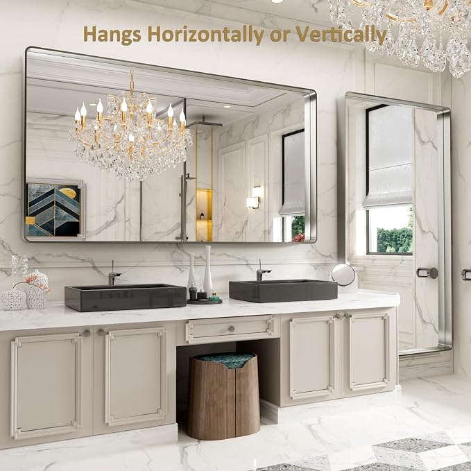 LOAAO 84X32 Inch Brushed Nickel Bathroom Mirror | Rounded Rectangle, Silver Metal Frame, Anti-Rust, Hangs Horizontally or Vertically, Tempered Glass