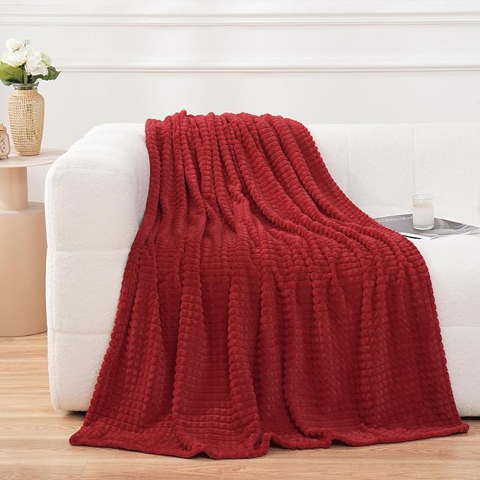 Puncuntex Fleece Throw Blanket Red 108"×90" with Square Grid Design | Super Soft Plush Cozy Flannel Throw Blanket Luxury for Couch Sofa Chair