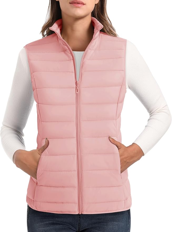 MAGCOMSEN Women's Puffer Vest Lightweight Stand Collar Zip 4 Pockets Puffy Vests Sleeveless Quilted Padded Outerwear