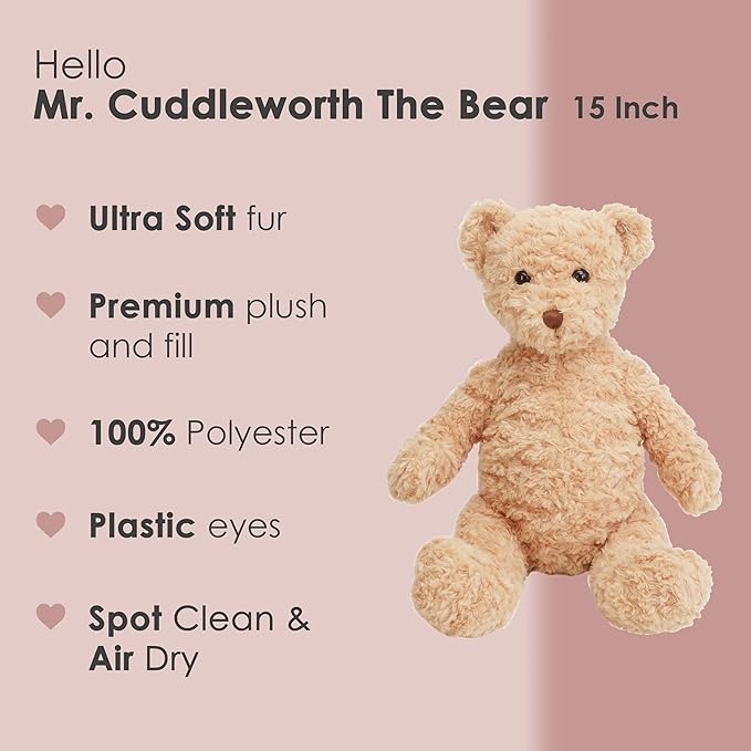 MON AMI Mr. Cuddleworth The Bear Stuffed Animal – 15”, Teddy Bear Plush for Baby Shower, Cute Plushies for Kids of All Ages