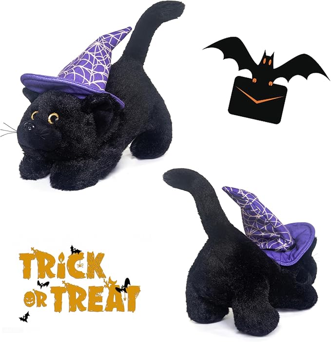 My OLi Halloween Black Cat Plush Toy with Creepy Voice - Cute Lying Cat with Witch Hat - Spooky Halloween Stuffed Animal for Kids, Toddlers for Trick-or-Treaters