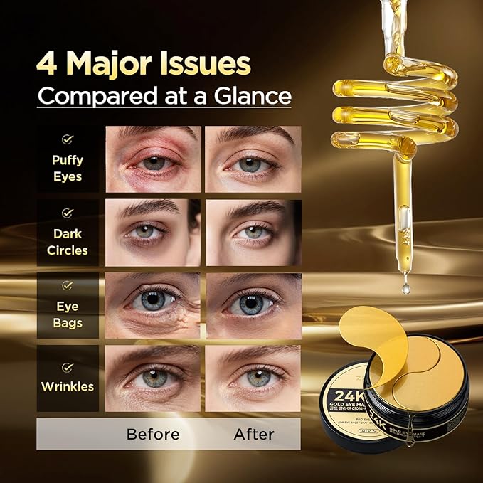 24k Gold Eye Patches - Firming, Glowing & Hydrating Hydrogel Mask for Puffy Eyes, Dark Circles, Wrinkles, Eye Bags Treatment, Fine Lines, Korean Skincare Gifts for Men and Women, 60Pcs