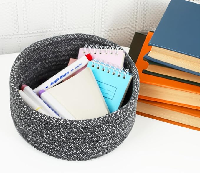 Small Woven Cotton Rope Baskets, Set of 3, Grey | Mini Round Baskets, Gift and Storage Baskets, Nursery Organizer, Bathroom Countertop Bins, Decorative Boho Decor
