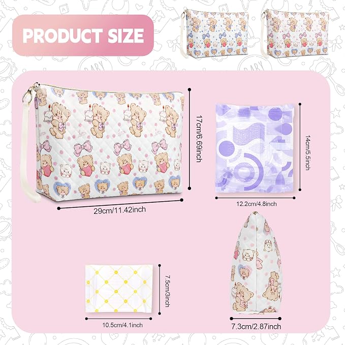 Period Bag for Teen Girls, Quilted Sanitary Napkin Storage Bag, Cute Bears Menstrual Pad Pouch Tampon Holder (Large-Pink)