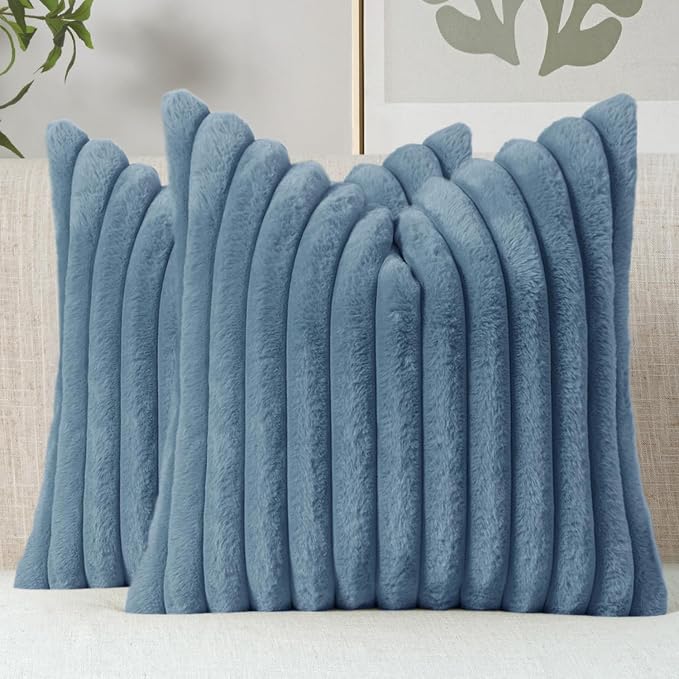 MIULEE Faux Fur Decorative Euro Sham Pillow Covers 24x24 Grey Blue 2 Pack | Coastal Modern Soft Plush Couch Pillows, Cozy Fluffy Cushion Covers for Sofa Bed Living Room Home Decor
